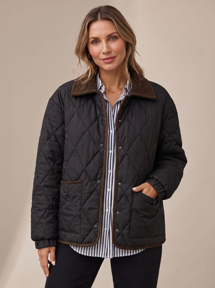 Women's Diamond Quilted Corduroy Collar Snap-Front Jacket - Black