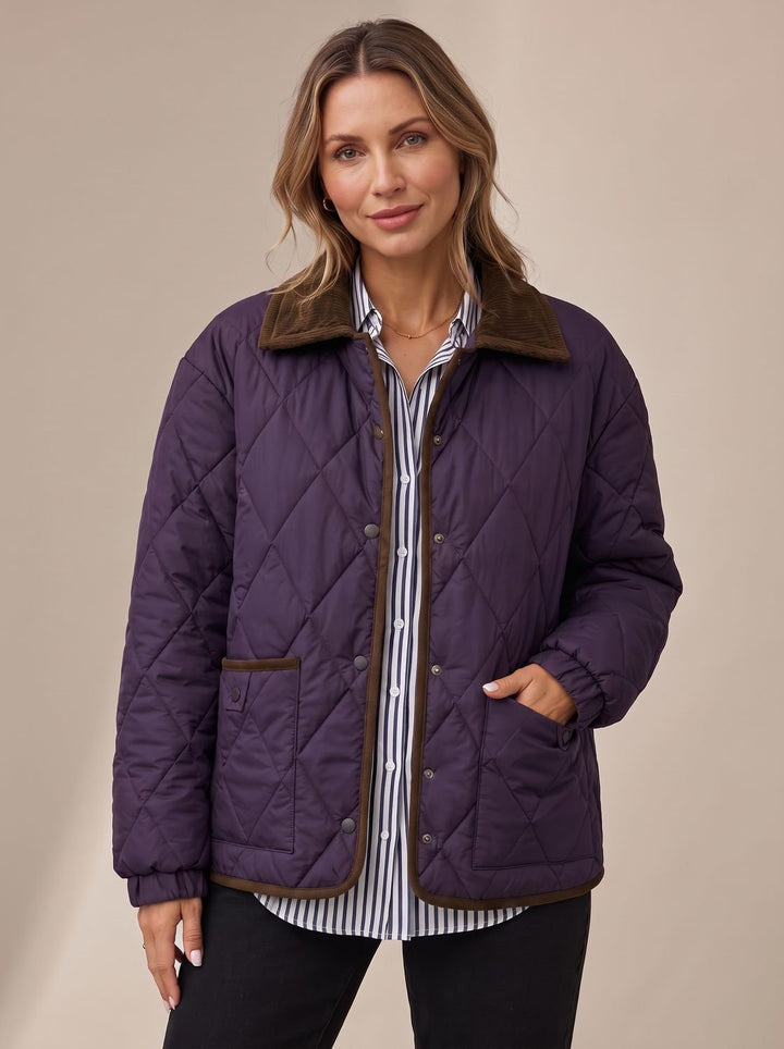 Women's Diamond Quilted Corduroy Collar Snap-Front Jacket - Purple