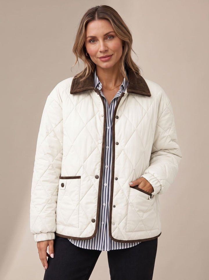 Women's Diamond Quilted Corduroy Collar Snap-Front Jacket - White