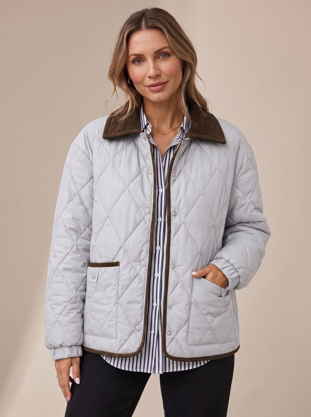 Women's Diamond Quilted Corduroy Collar Snap-Front Jacket - Gray
