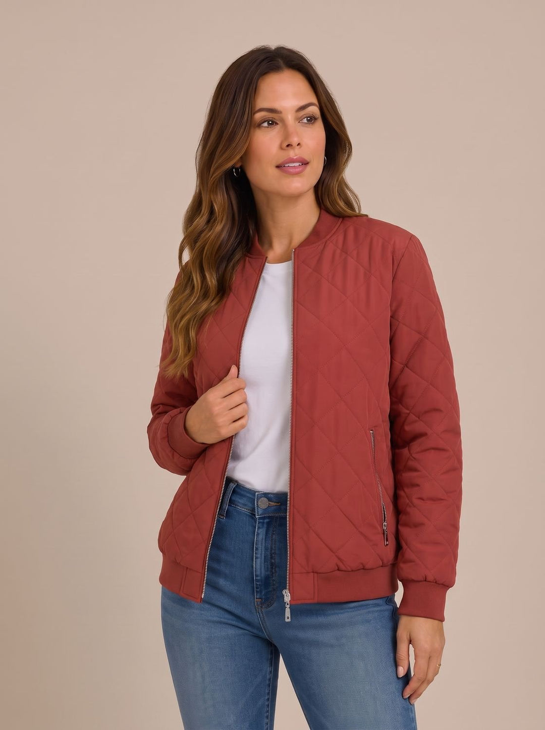 Women's Diamond-Quilted Zip-Up Bomber Jacket with Pockets - Red