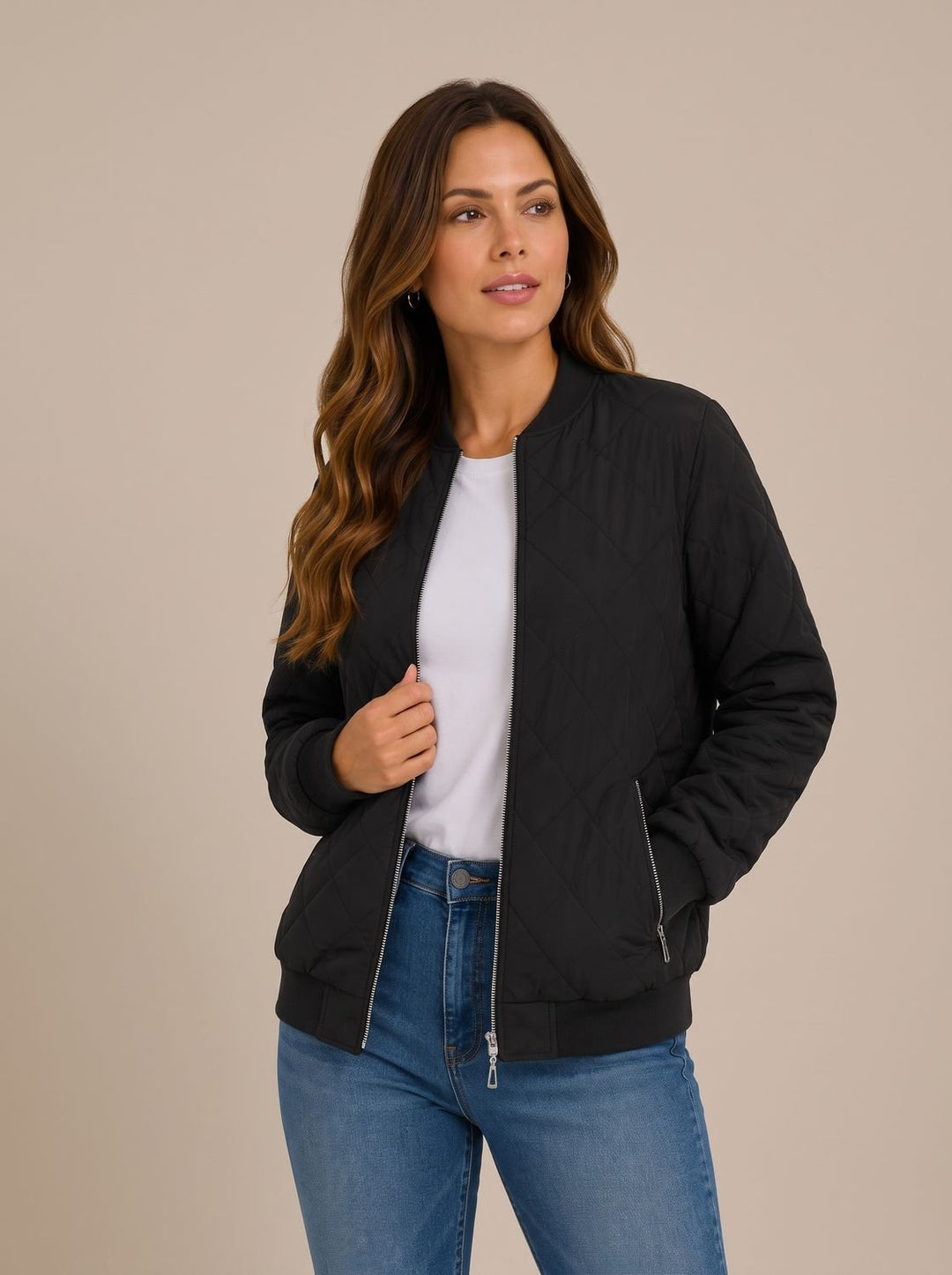 Women's Diamond-Quilted Zip-Up Bomber Jacket with Pockets - Black