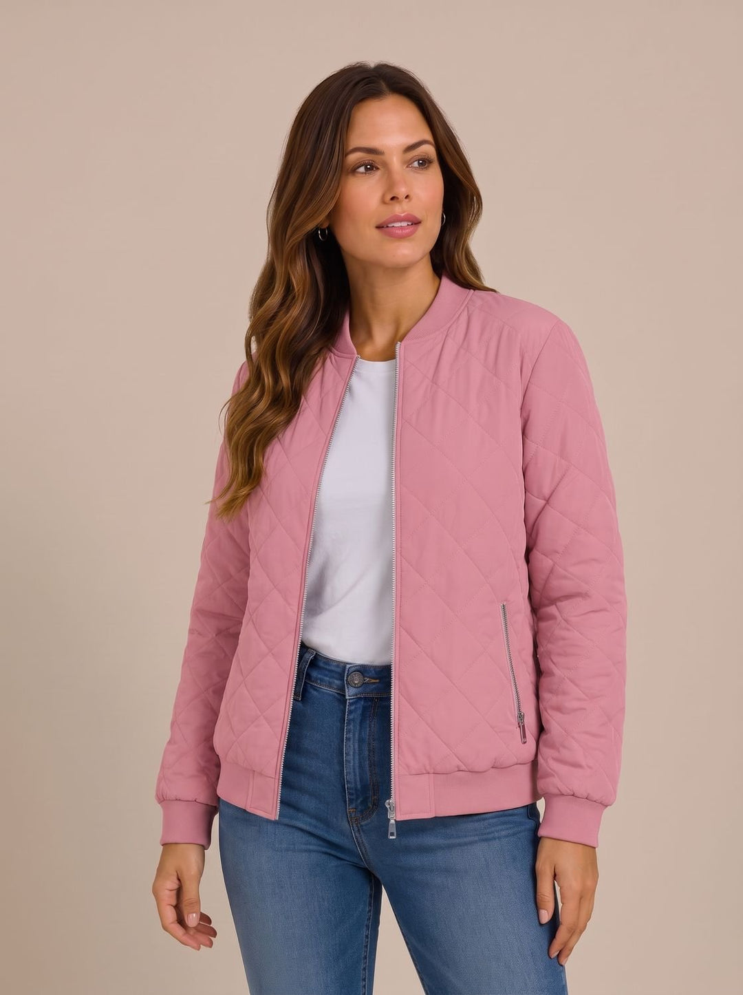 Women's Diamond-Quilted Zip-Up Bomber Jacket with Pockets - Pink