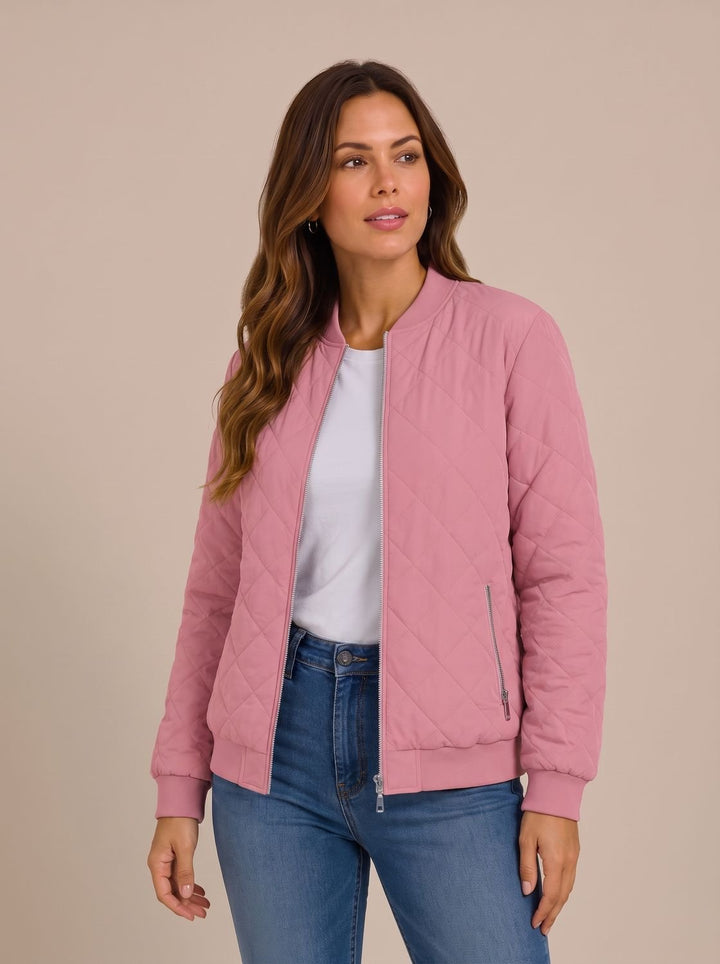 Women's Diamond-Quilted Zip-Up Bomber Jacket with Pockets - Pink