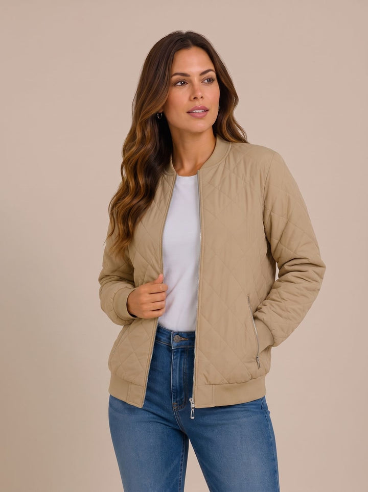 Women's Diamond-Quilted Zip-Up Bomber Jacket with Pockets - Beige