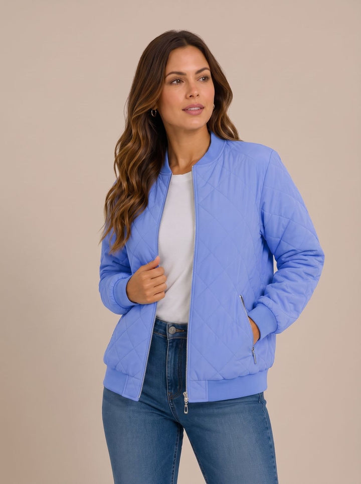 Women's Diamond-Quilted Zip-Up Bomber Jacket with Pockets - Navy Purple