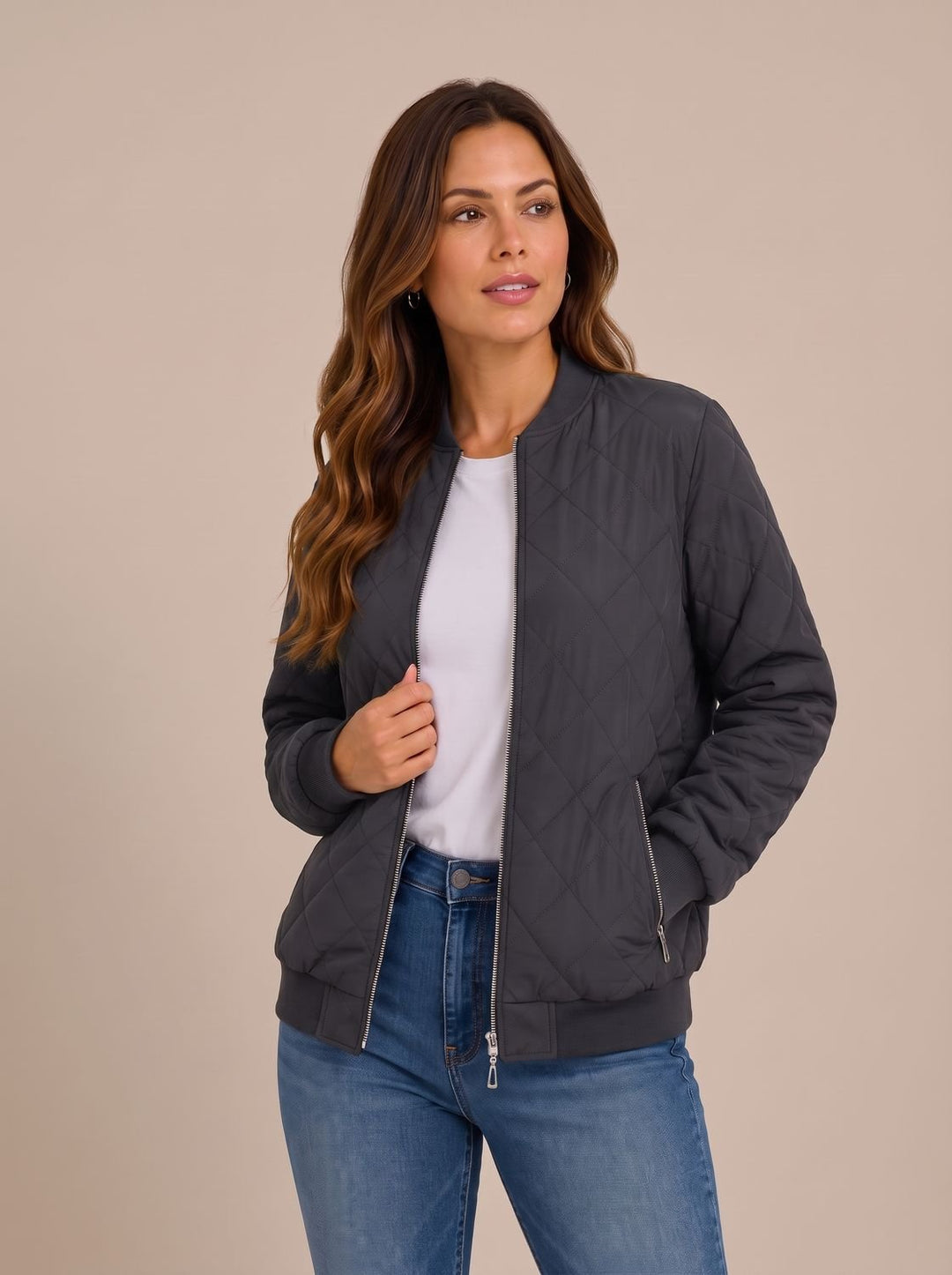 Women's Diamond-Quilted Zip-Up Bomber Jacket with Pockets - Grey