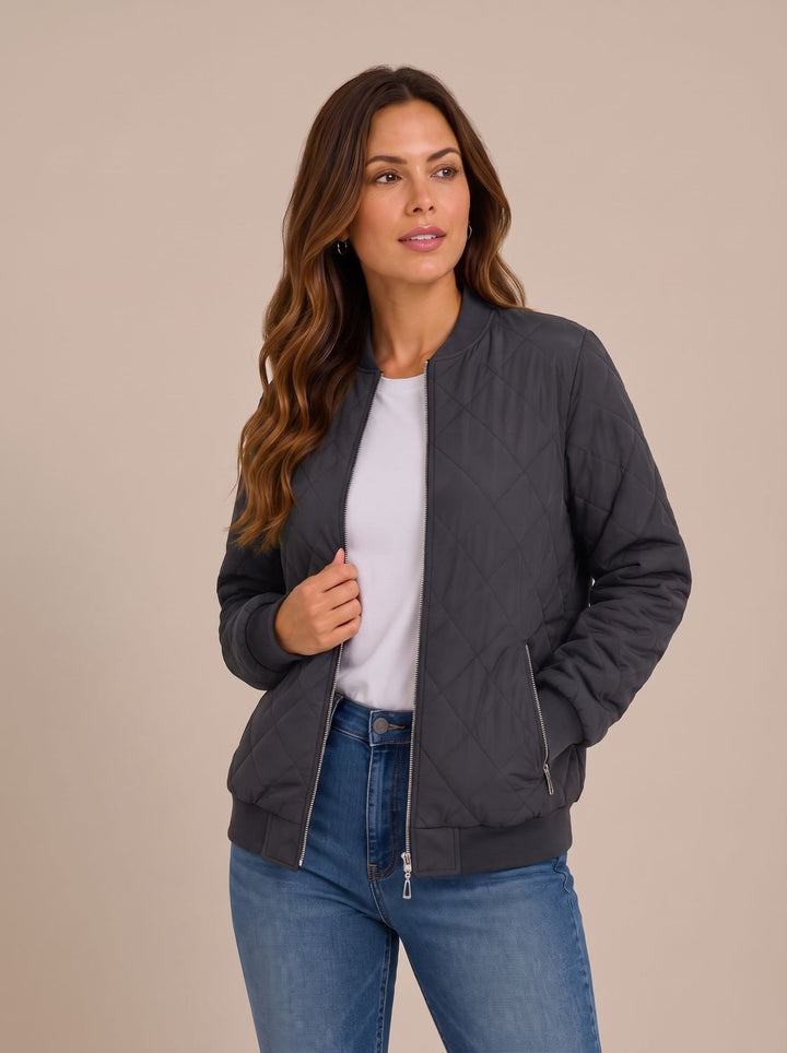 Women's Diamond-Quilted Zip-Up Bomber Jacket with Pockets - Grey