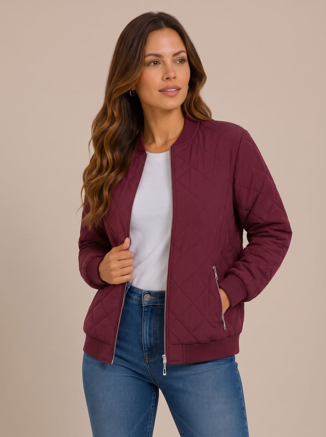 Women's Diamond-Quilted Zip-Up Bomber Jacket with Pockets - Red Carpet