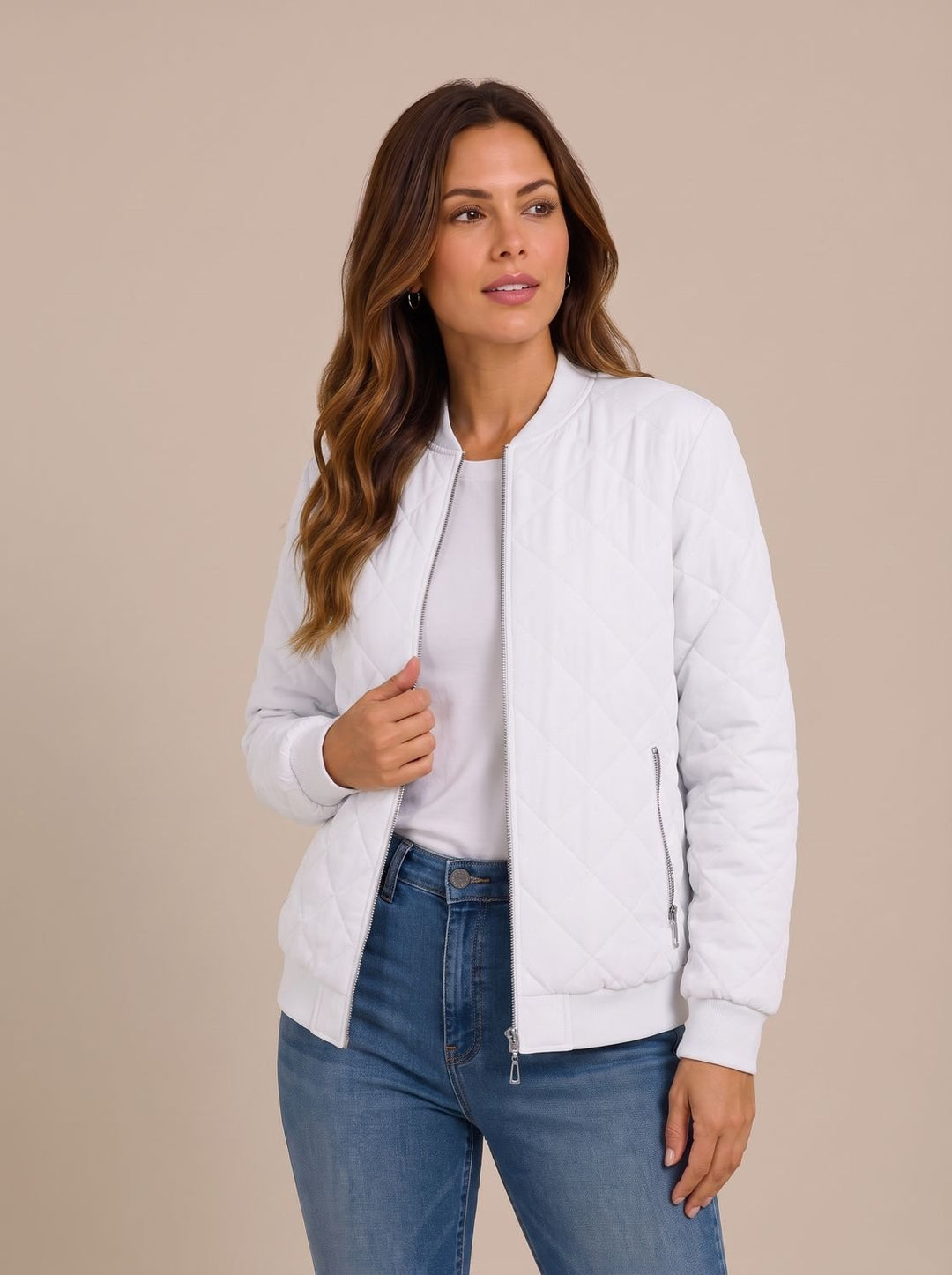 Women's Diamond-Quilted Zip-Up Bomber Jacket with Pockets - White