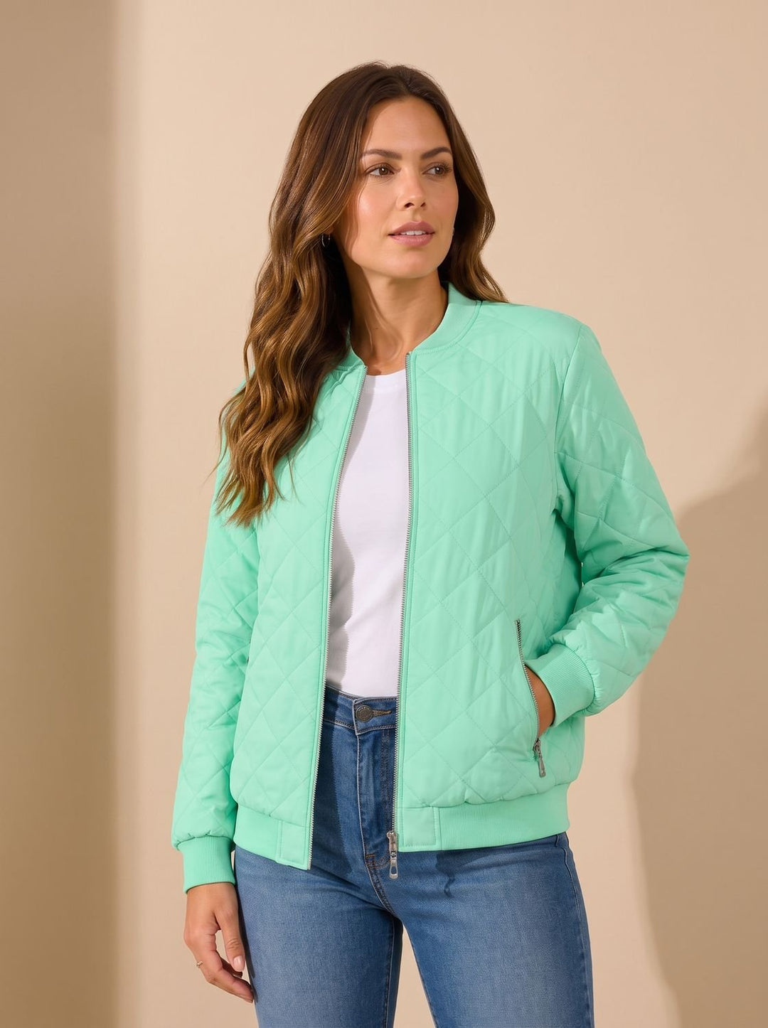 Women's Diamond-Quilted Zip-Up Bomber Jacket with Pockets - Light Green