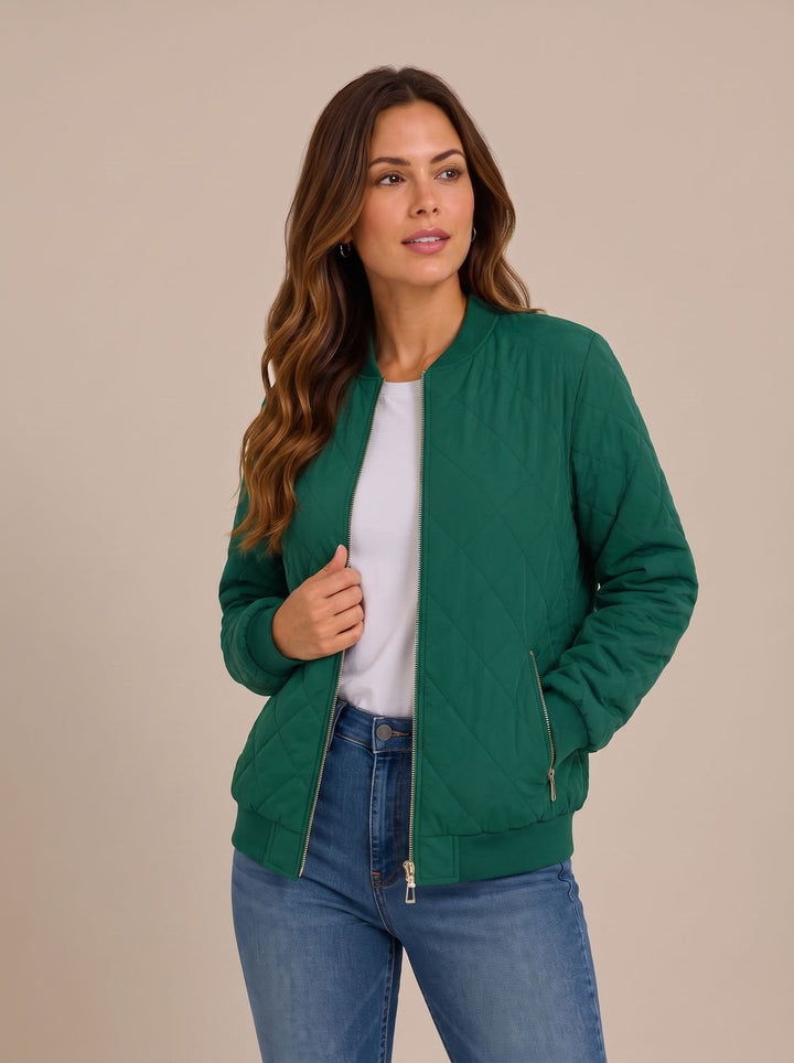 Women's Diamond-Quilted Zip-Up Bomber Jacket with Pockets - Green