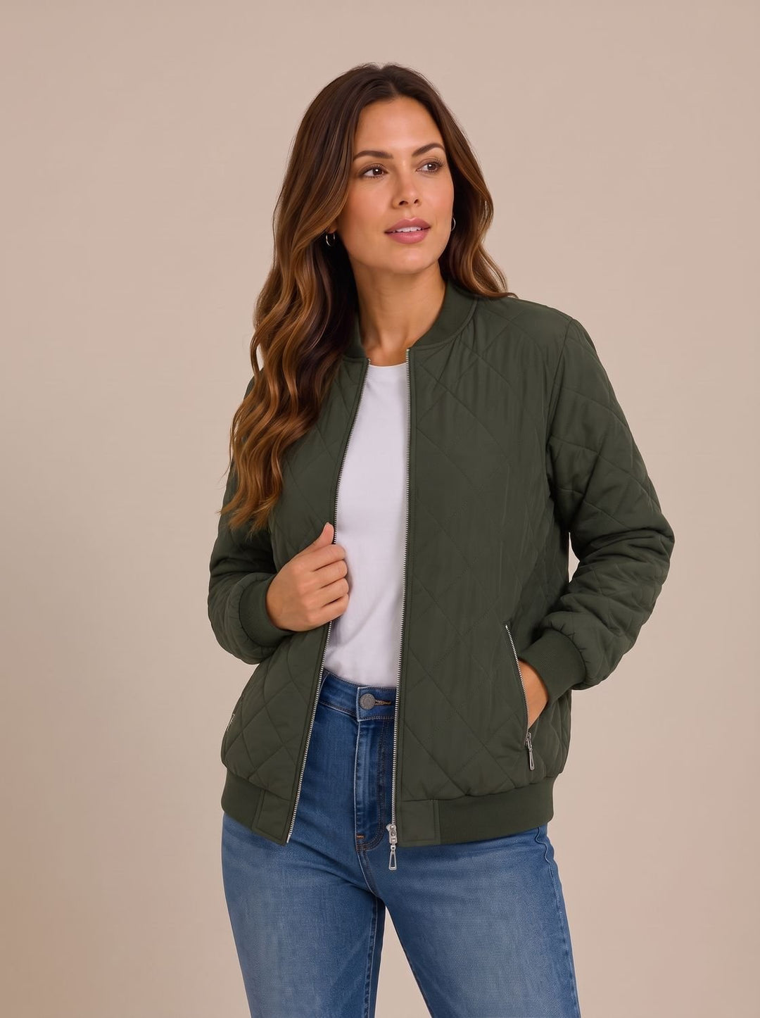 Women's Diamond-Quilted Zip-Up Bomber Jacket with Pockets - Olive Green