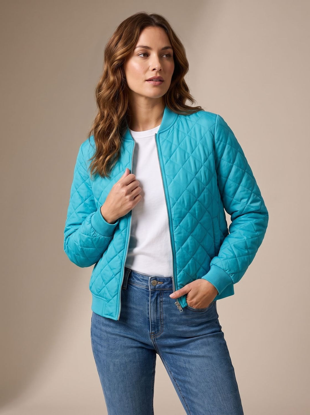 Women's Diamond-Quilted Zip-Up Bomber Jacket with Pockets - Baby Blue