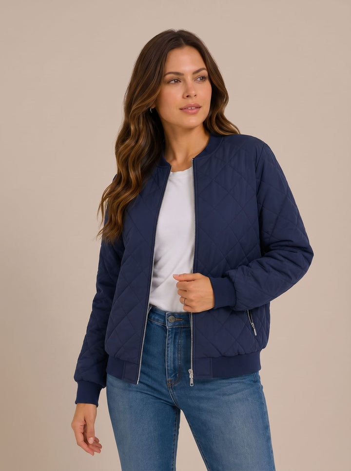 Women's Diamond-Quilted Zip-Up Bomber Jacket with Pockets - Navy