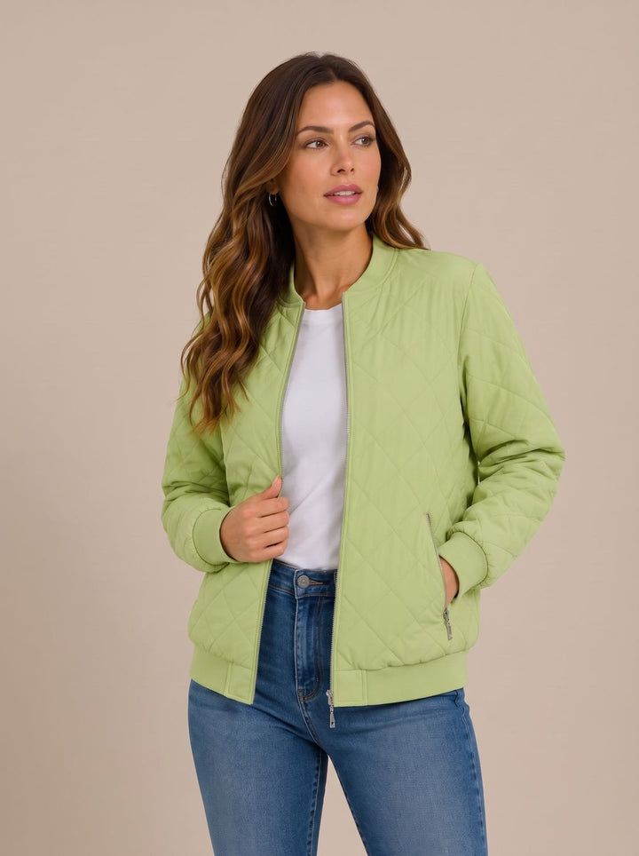 Women's Diamond-Quilted Zip-Up Bomber Jacket with Pockets - Soft Lime Green