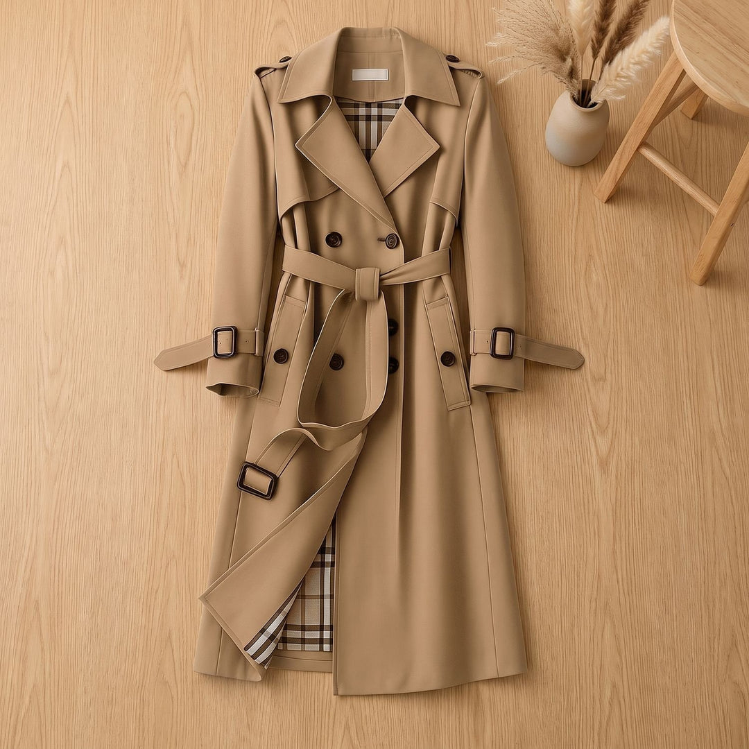 Women's Double-Breasted Belted Long Trench Coat Checked Lining - Khaki