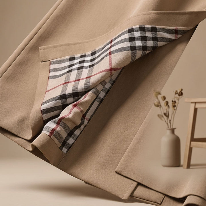 Women's Double-Breasted Belted Long Trench Coat Checked Lining