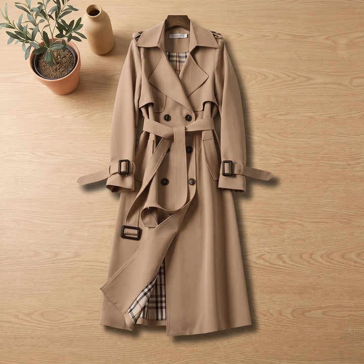 Women's Double-Breasted Belted Long Trench Coat Checked Lining