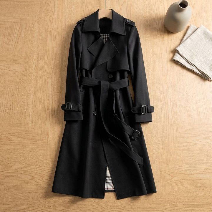 Women's Double-Breasted Belted Long Trench Coat Checked Lining - Black
