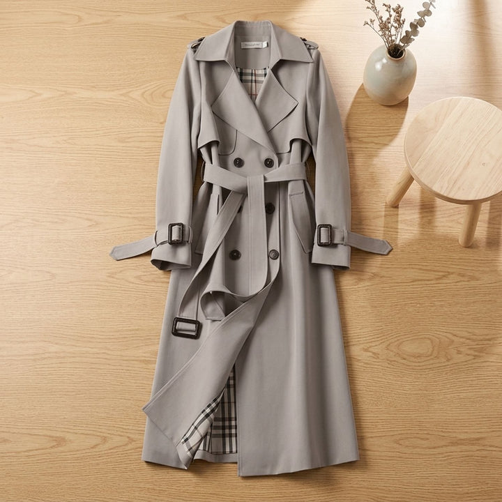 Women's Double-Breasted Belted Long Trench Coat Checked Lining - Gray