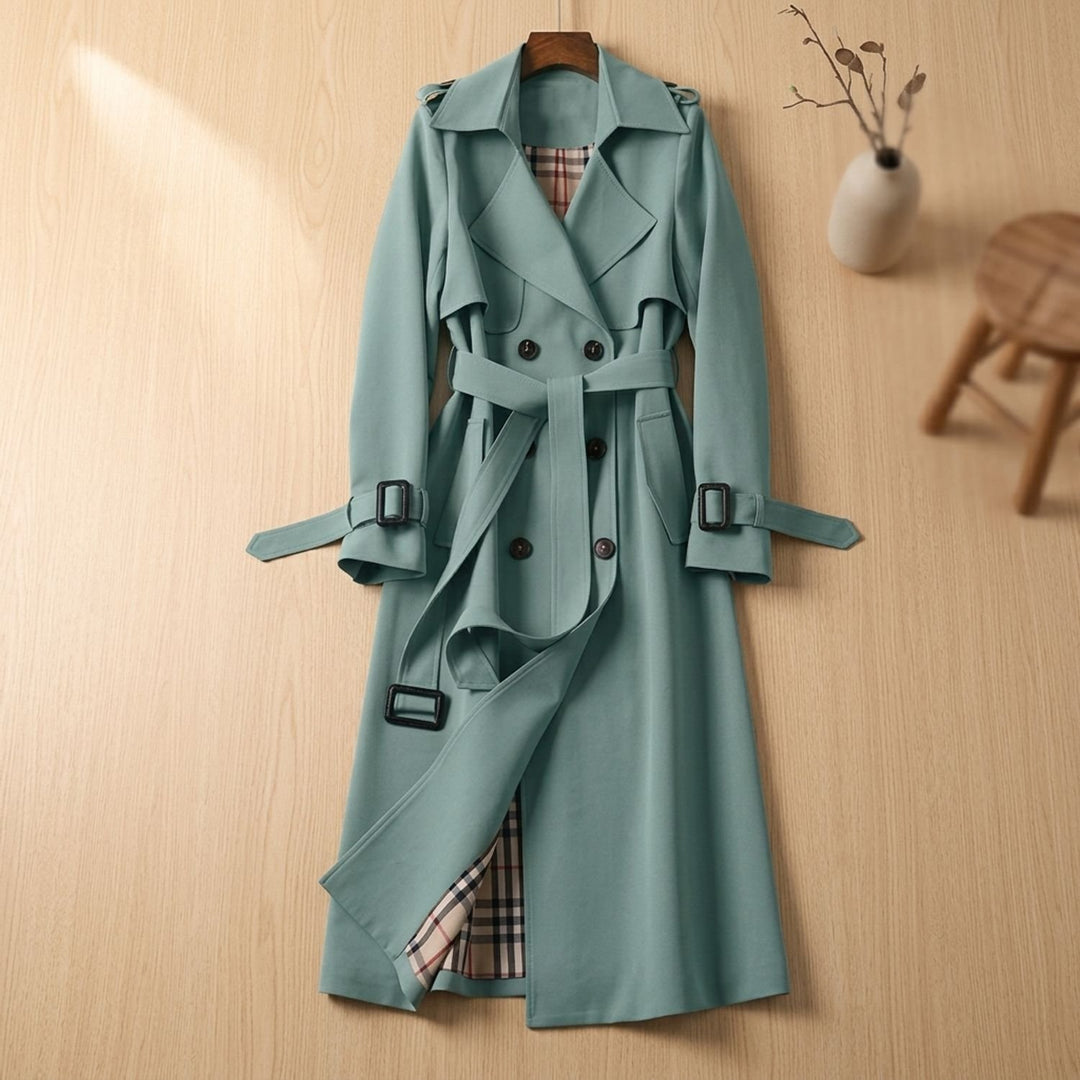 Women's Double-Breasted Belted Long Trench Coat Checked Lining - Green