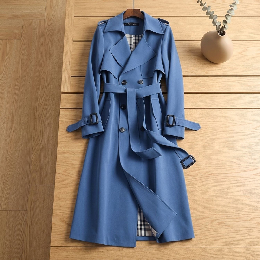 Women's Double-Breasted Belted Long Trench Coat Checked Lining - Blue
