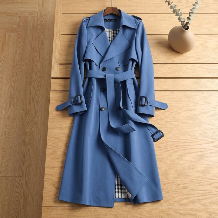 Women's Double-Breasted Belted Long Trench Coat Checked Lining - Blue