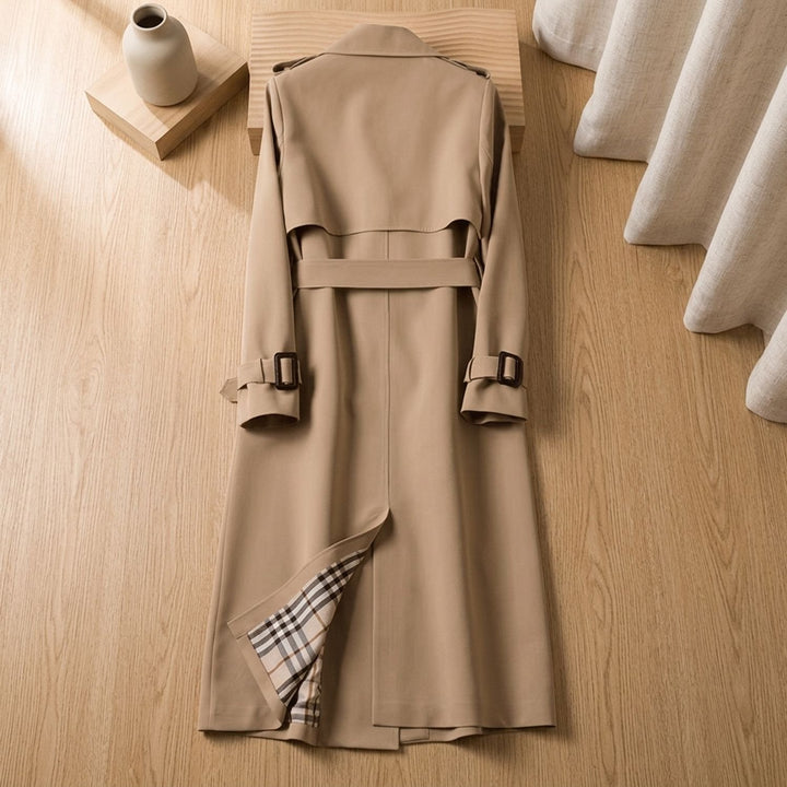 Women's Double-Breasted Belted Long Trench Coat Checked Lining