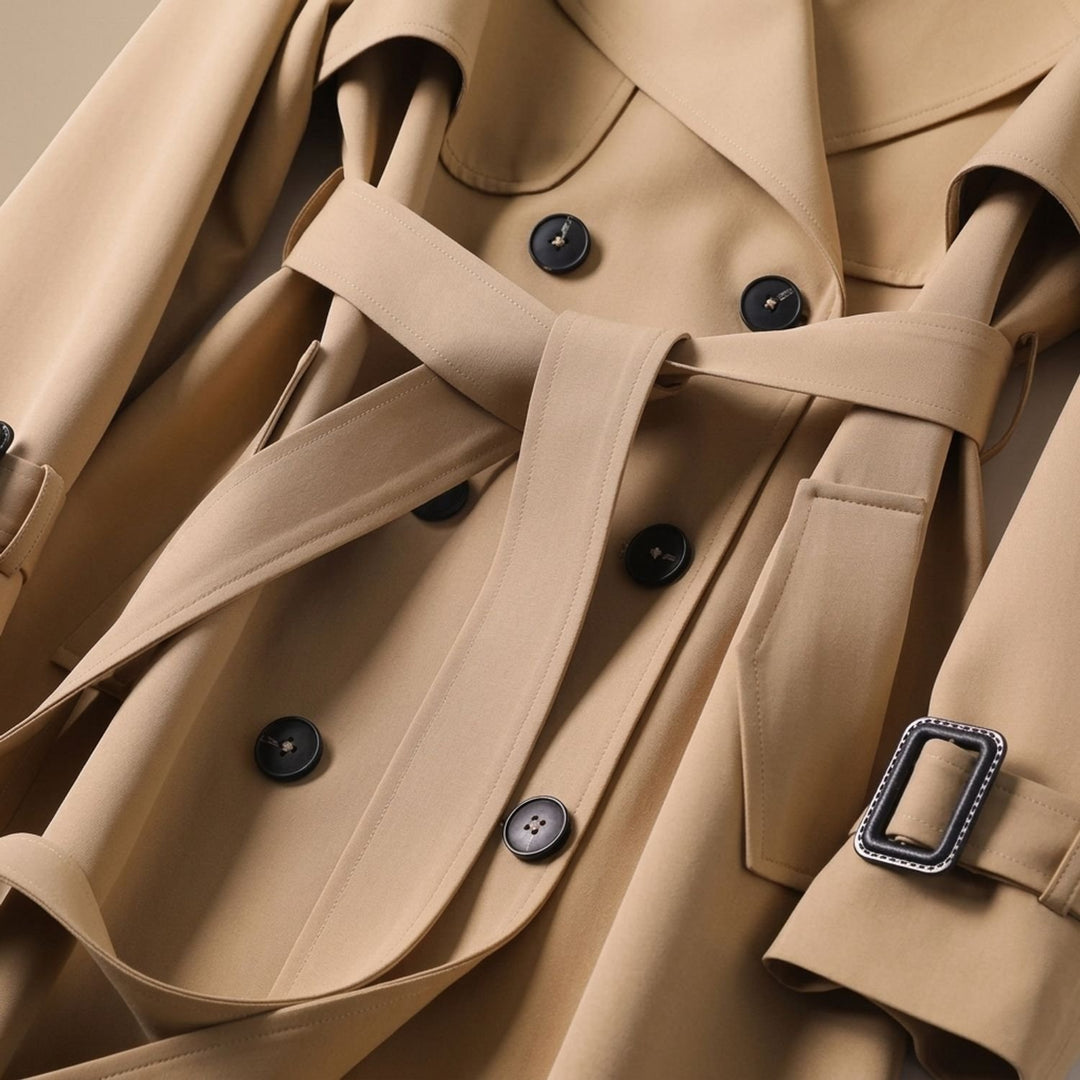 Women's Double-Breasted Belted Long Trench Coat Checked Lining