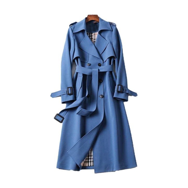 Women's Double-Breasted Belted Long Trench Coat Plaid Lined - Blue