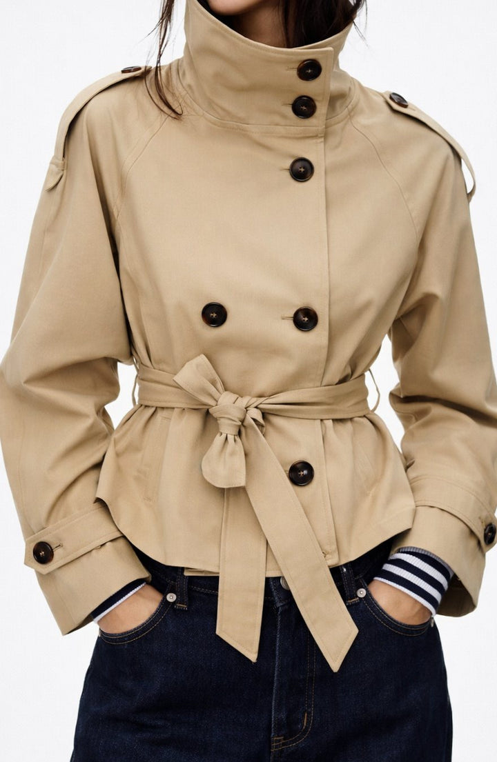 Women's Double-Breasted Belted Short Trench Coat - Light Brown