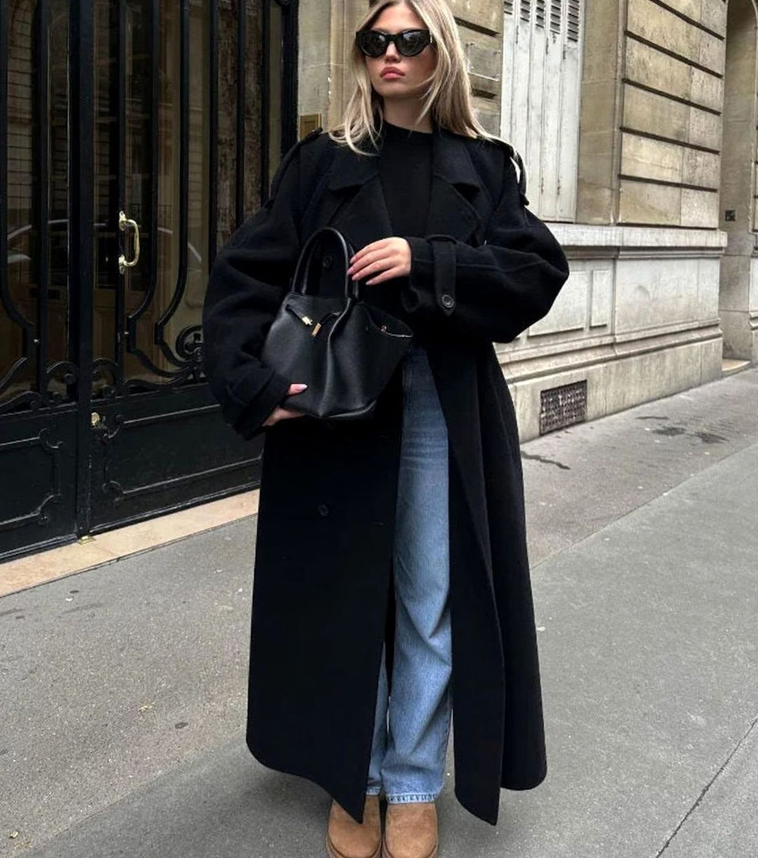 Women's Double-Breasted Belted Trench Coat Long Winter Coat - Black