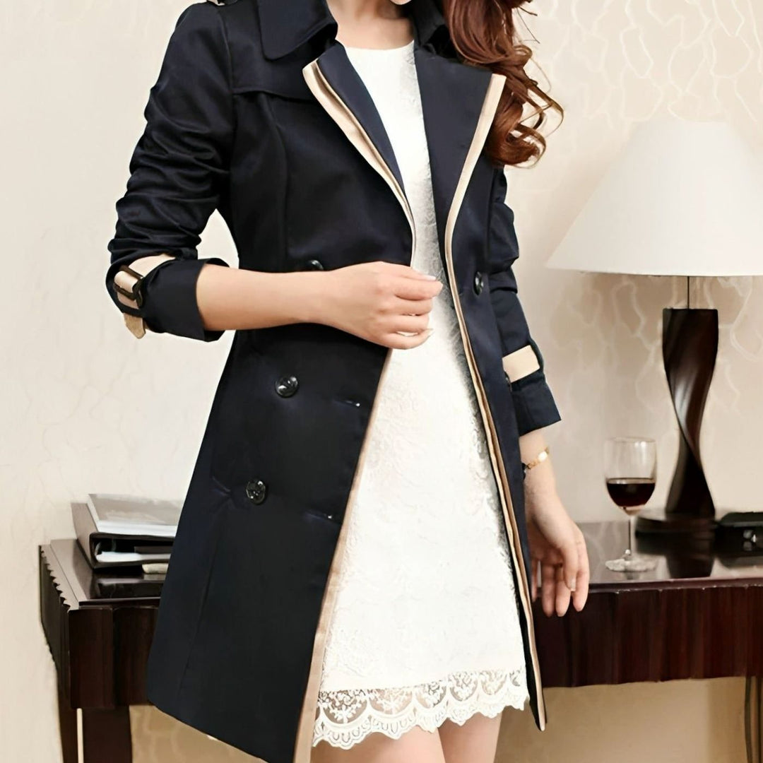 Women's Double-Breasted Contrast-Trim Midi Trench Coat