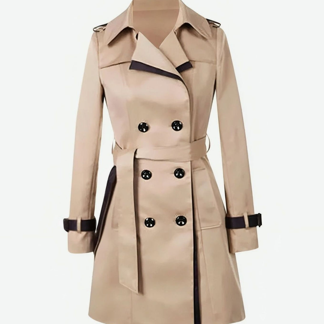 Women's Double-Breasted Contrast-Trim Midi Trench Coat - Khaki