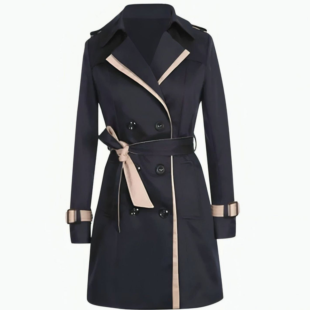Women's Double-Breasted Contrast-Trim Midi Trench Coat - Black
