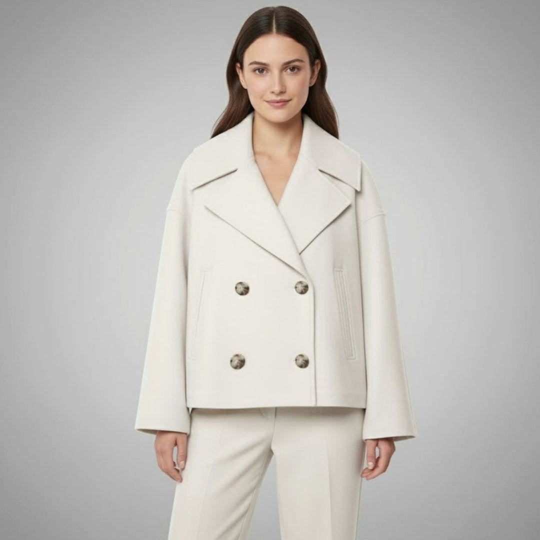 Women's Double-Breasted Cropped Short Jacket Tailored Peacoat - Beige