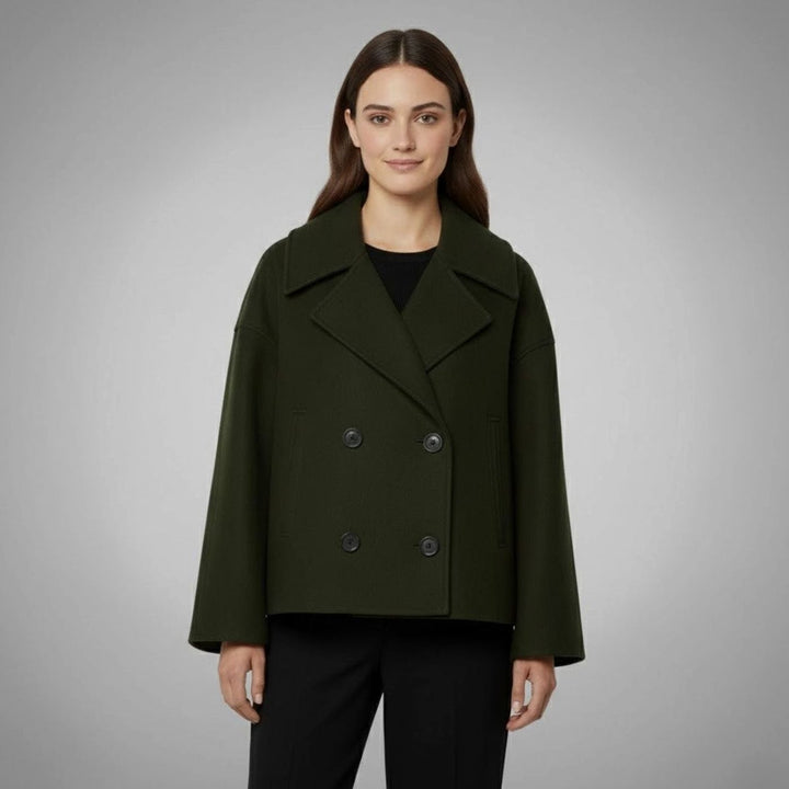 Women's Double-Breasted Cropped Short Jacket Tailored Peacoat - Green