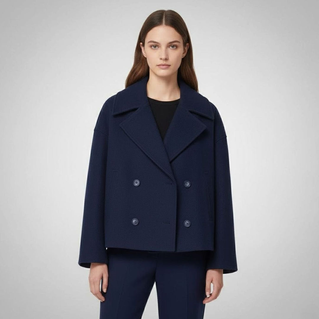 Women's Double-Breasted Cropped Short Jacket Tailored Peacoat - Navy Blue