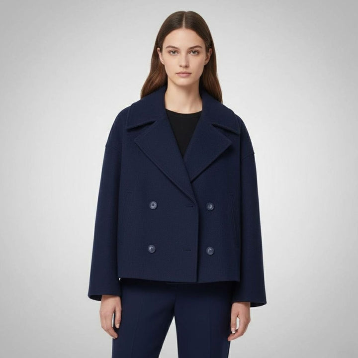 Women's Double-Breasted Cropped Short Jacket Tailored Peacoat - Navy Blue