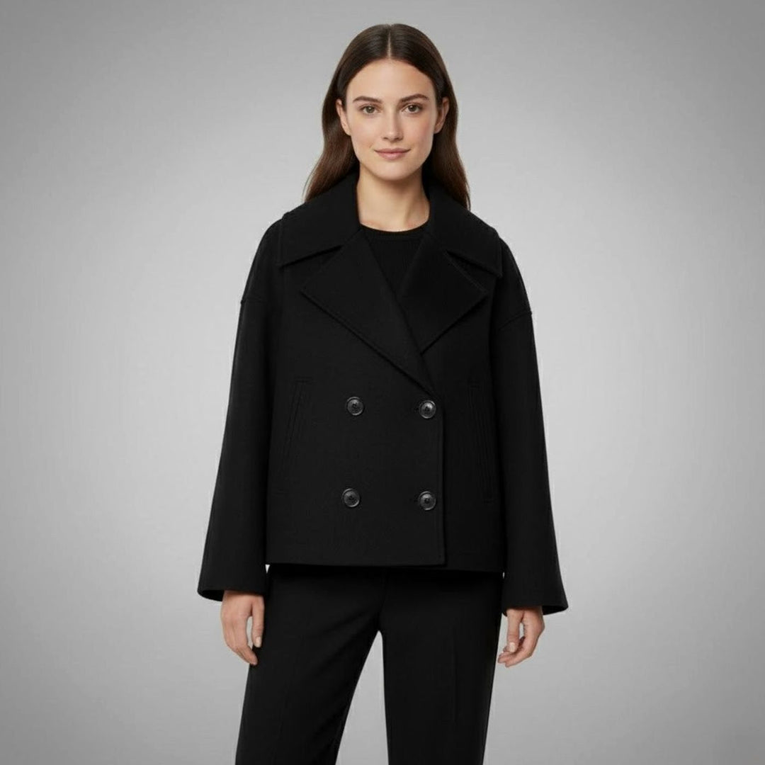 Women's Double-Breasted Cropped Short Jacket Tailored Peacoat - Black