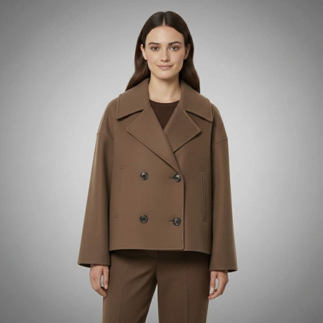 Women's Double-Breasted Cropped Short Jacket Tailored Peacoat - Brown