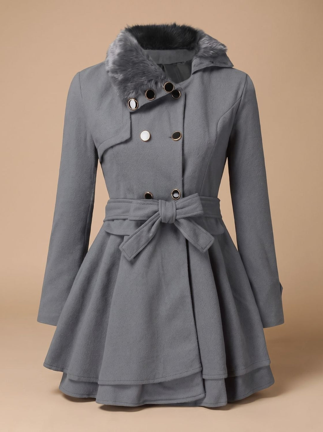 Women's Double-Breasted Faux Fur Collar Belted Wool Overcoat - Grey