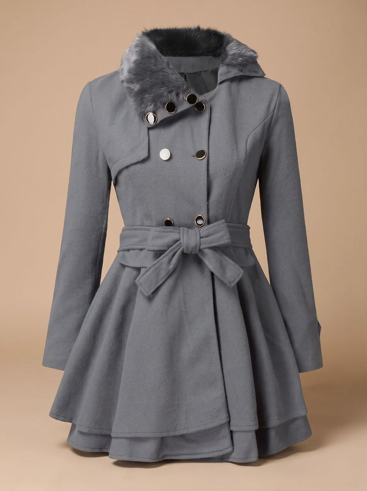 Women's Double-Breasted Faux Fur Collar Belted Wool Overcoat - Grey