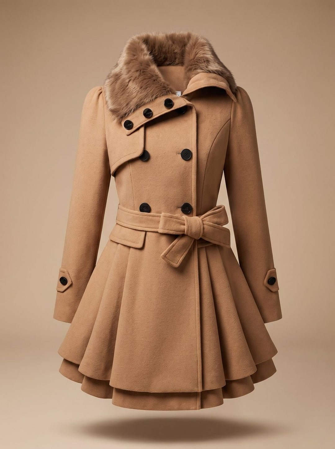 Women's Double-Breasted Faux Fur Collar Belted Wool Overcoat - Beige
