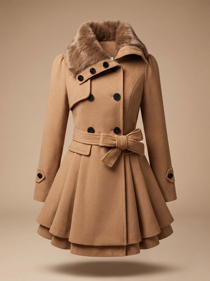 Women's Double-Breasted Faux Fur Collar Belted Wool Overcoat - Beige