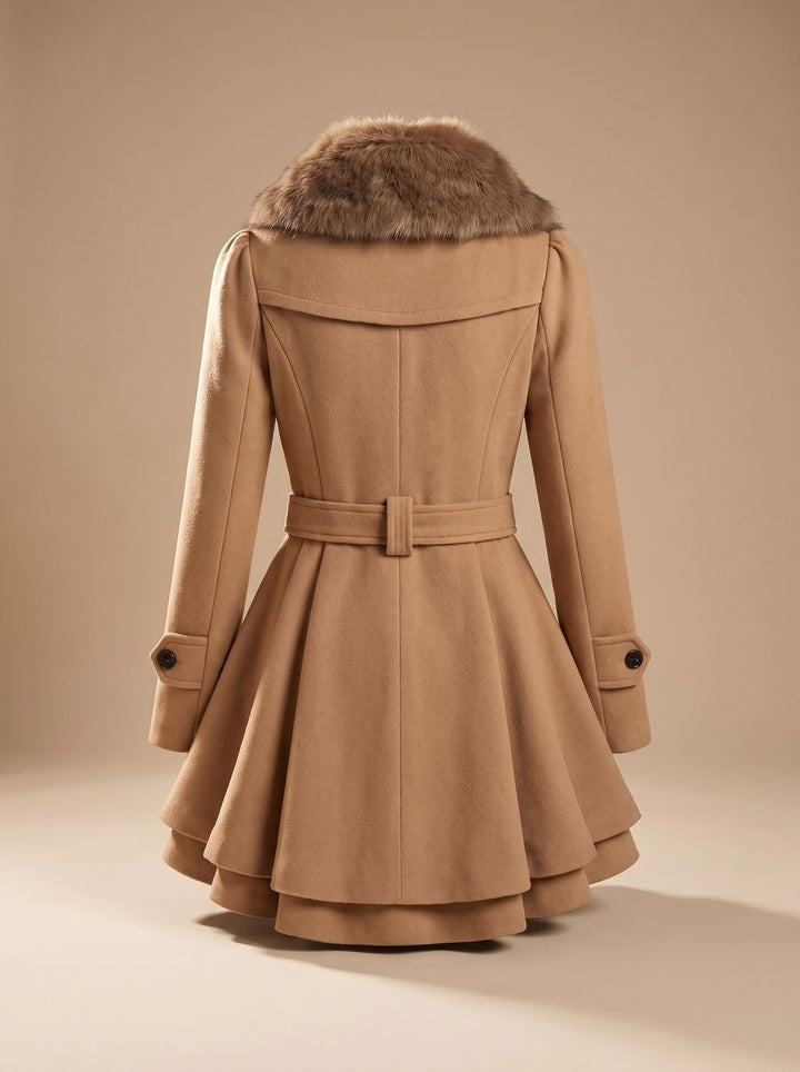Women's Double-Breasted Faux Fur Collar Belted Wool Overcoat
