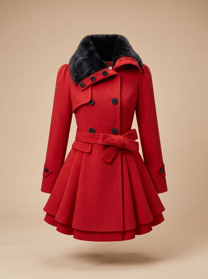 Women's Double-Breasted Faux Fur Collar Belted Wool Overcoat - Red