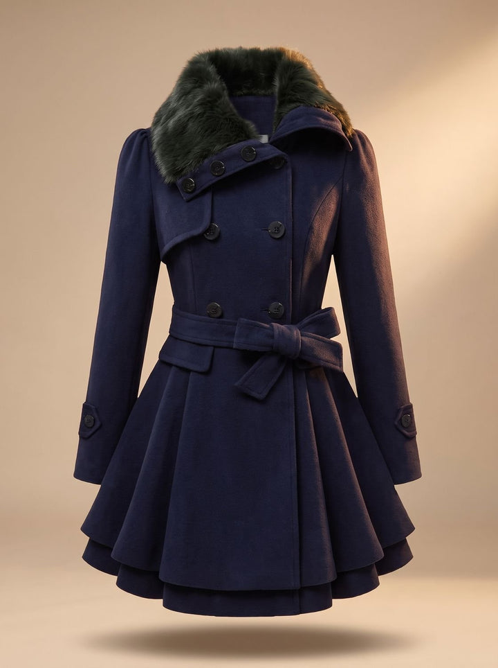 Women's Double-Breasted Faux Fur Collar Belted Wool Overcoat - Dark Blue