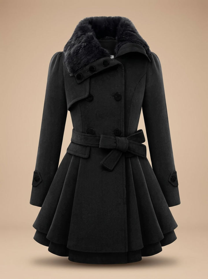 Women's Double-Breasted Faux Fur Collar Belted Wool Overcoat - Black